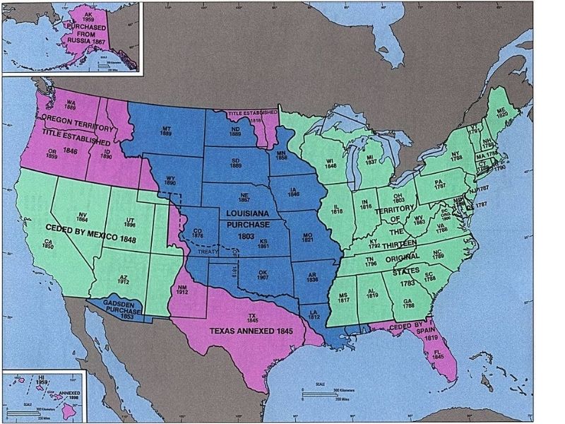 Map of the United States showing the lands "claimed" or "owned" by colonial powers before we became a country.