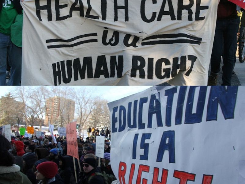 Banners claiming that Health Care is a Human Right and that Education is a Right